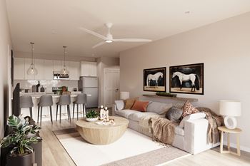 a rendering of a living room with a couch and a coffee table in front of a kitchen at Madison Prickett Preserve, Yardley Pennsylvania